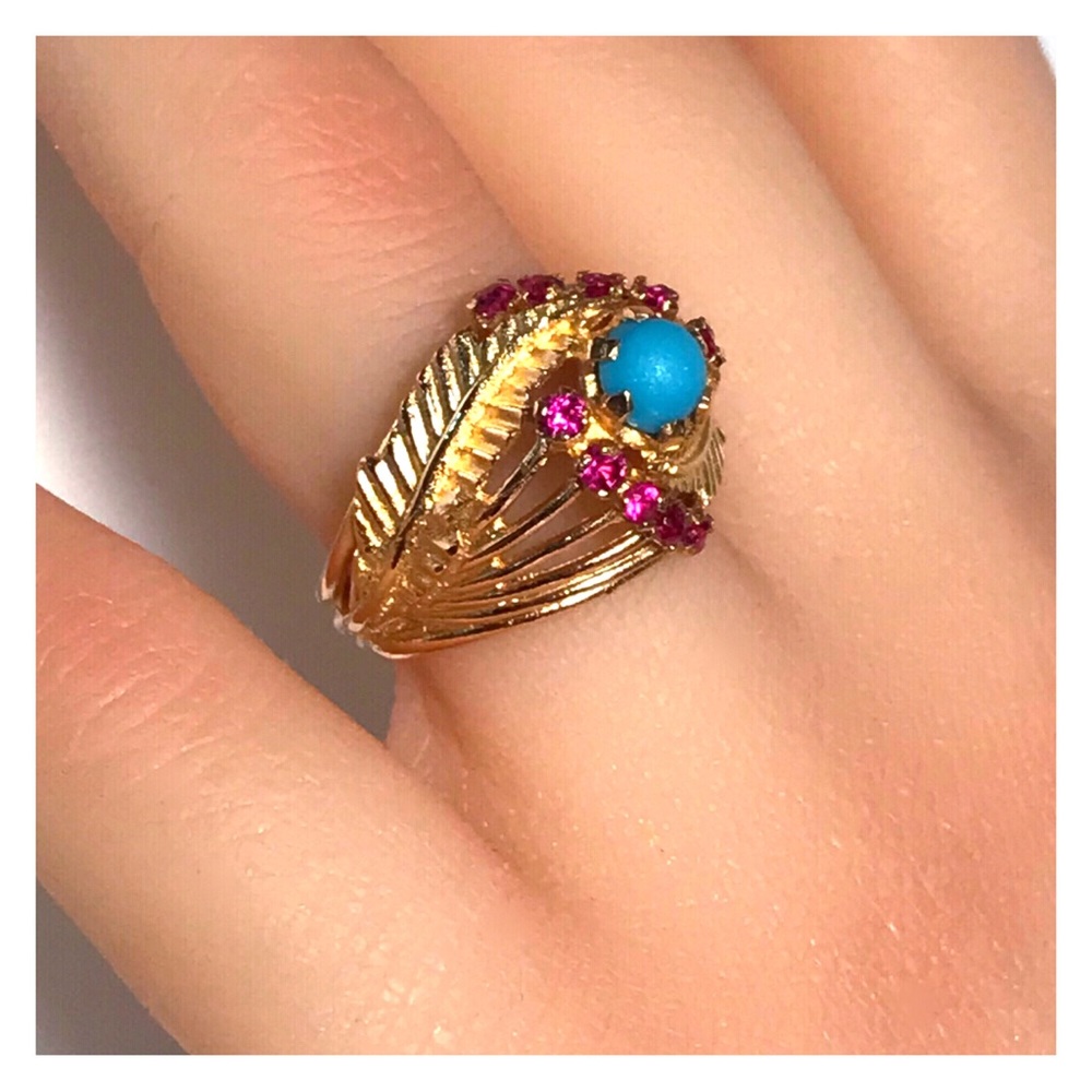 18KT SOLID GOLD ANTIQUE TURQUOISE & RUBY RING - 7.65 GRAMS!! - Picture 12 of 13